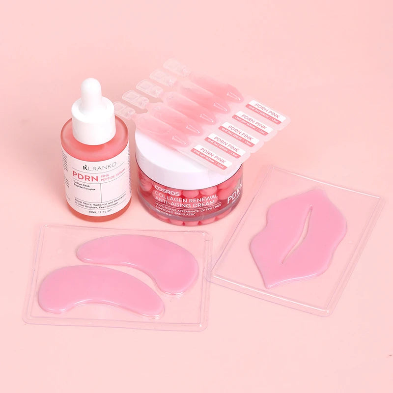 PDRN Pink Skin Care Set with Toner Serum Cream and Masks Hydrating Smoothing Daily Facial Care Kit for Moisturized Plump Skin Peaceful Pleasures Health and Wellness