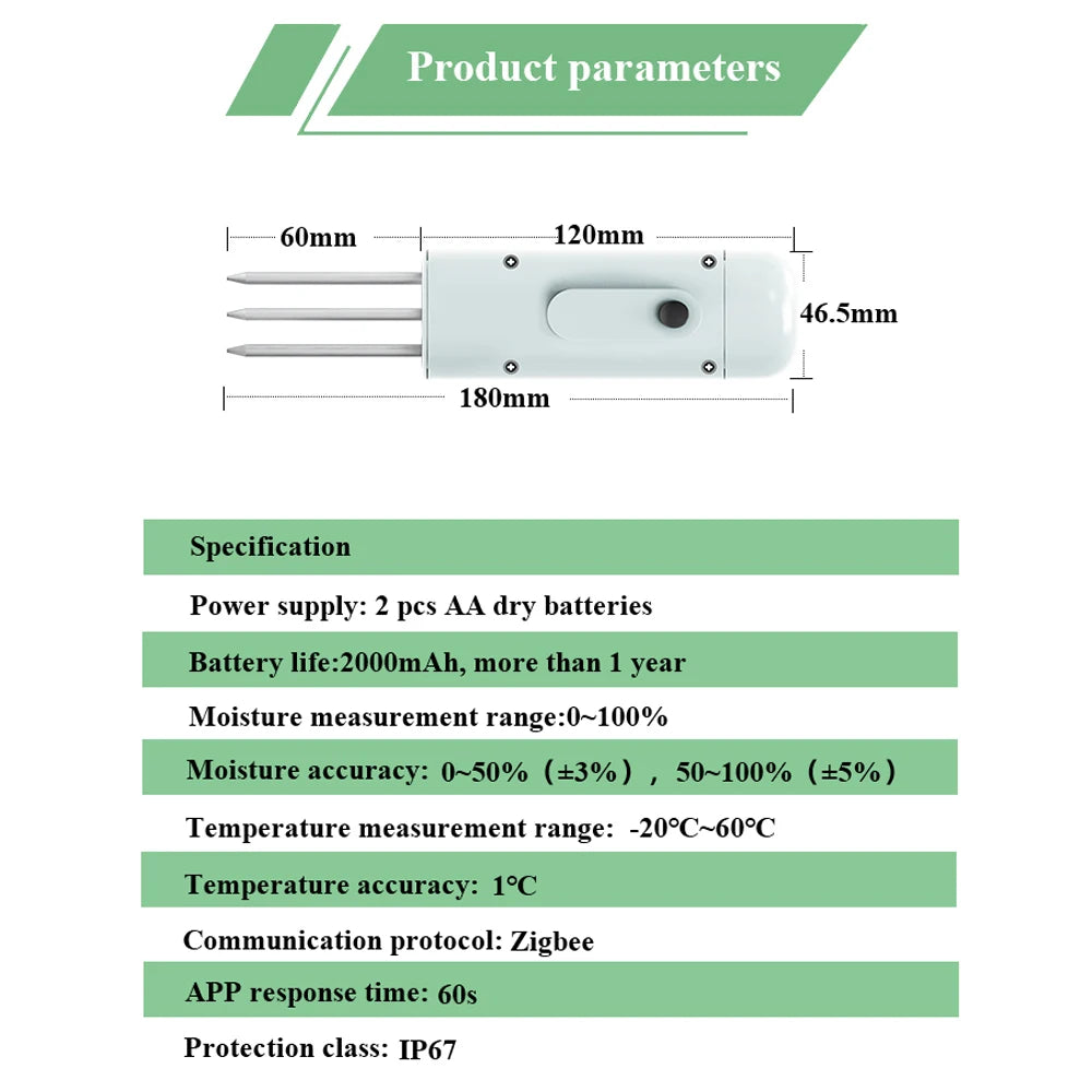 Tuya Zigbee Wireless Soil Intelligent Temperature Humidity Tester Mobilephone APP Real Time IP67 for Garden Farmland Planting Peaceful Pleasures Health and Wellness