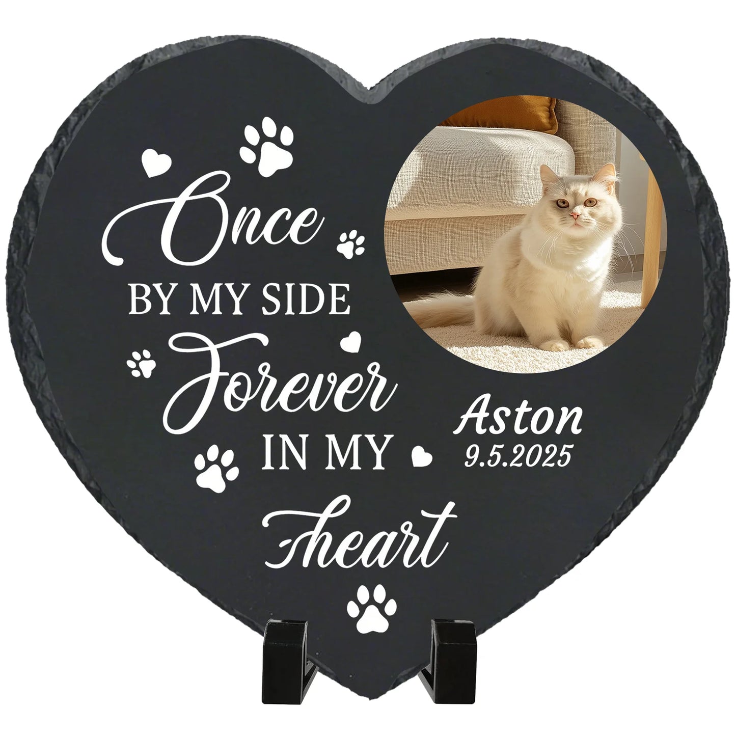 Personalized Pet Memorial Stone,Custom Cat Grave Marke Plaque With Photo&Name,Garden Slate Tombstone Pet Loss Remembrance Gift Peaceful Pleasures Health and Wellness With Plastic Stand-4 4inch