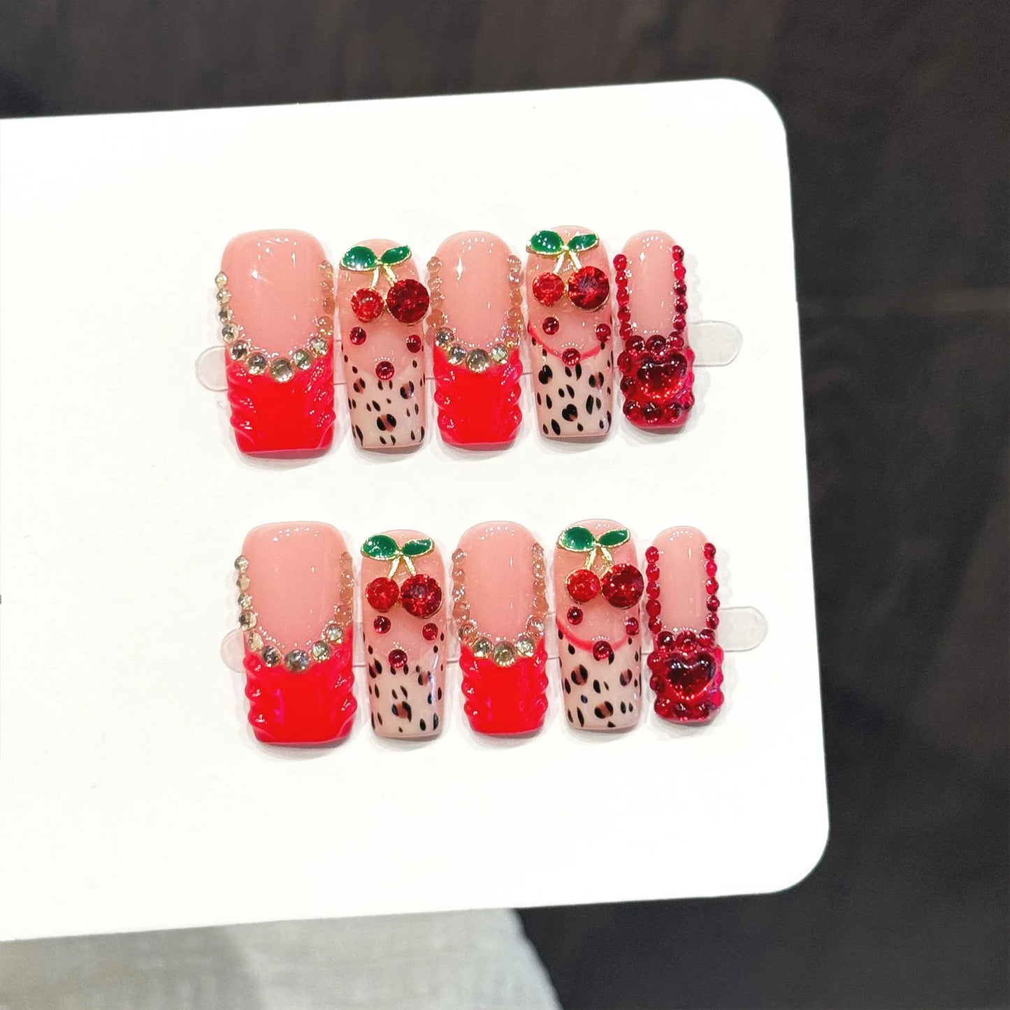 Cherry Red Leopard Press On Nails | Glitter Rhinestone French