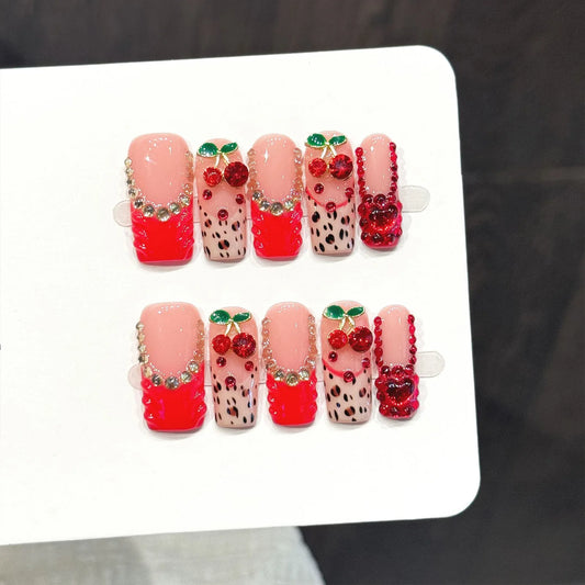 Cherry Red Leopard Press On Nails | Glitter Rhinestone French Press-On Nail Art Peaceful Pleasures Health and Wellness