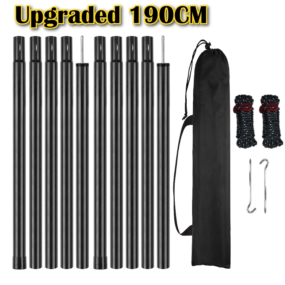 Set of 2 Tent Poles Adjustable Tarp Poles Steel Rods for Tarp Canopy Hiking Camping Replacement with Pegs & Reflective Ropes Peaceful Pleasures Health and Wellness 190CM Black kits