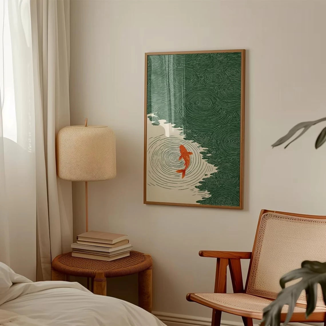 Retro Japanese Ripple Canvas Wall Art – Green & Orange Print