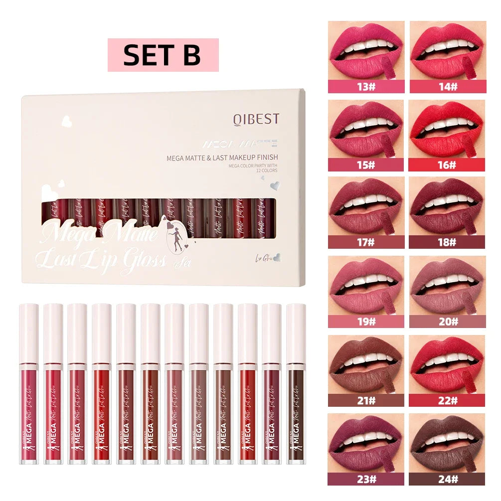 QIBEST 12pcs/set Nude Lip Gloss Matte Velvet Lipstick Waterproof Long-lasting Liquid Lipstick Women Makeup Moist Lip Glaze Tint Peaceful Pleasures Health and Wellness 12 Colors Set B
