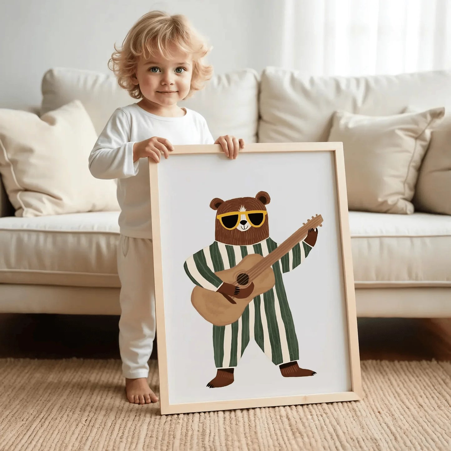Retro Guitar Bear Canvas Wall Art | Kids Musical Nursery Decor