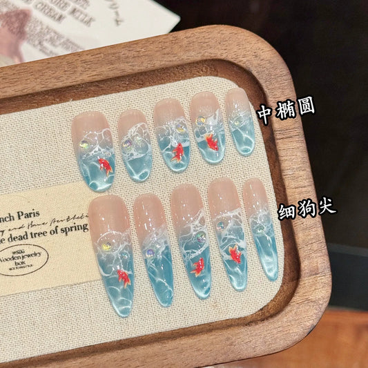 10pcs Handmade Water Ripple Cat Eye Press on Nails Ice Through Blue Fake Nails Almond Wearable Detachable Glitter False Nail Tip Peaceful Pleasures Health and Wellness