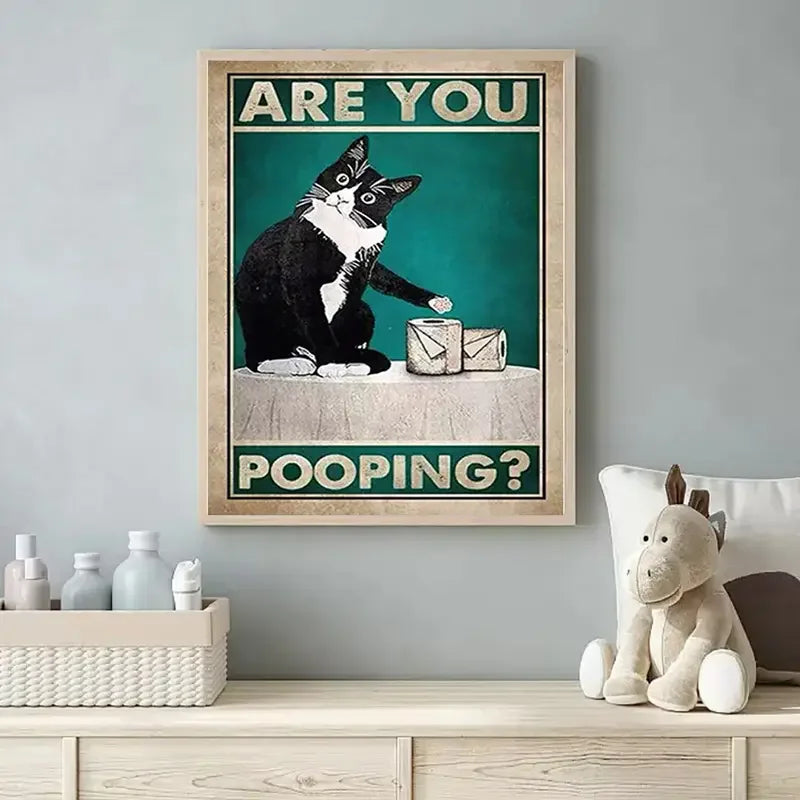 Funny Black Cat Toilet Canvas Poster | Retro Wall Art Print