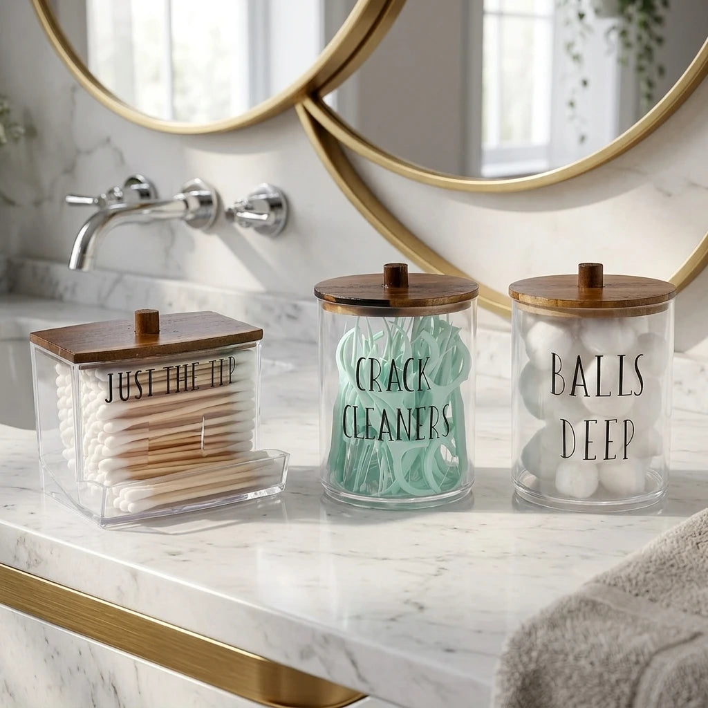 3pcs Acrylic Apothecary Jar Bathroom Organizer Set – Cotton Swab Holder, Cotton Ball & Bathroom Decor Storage