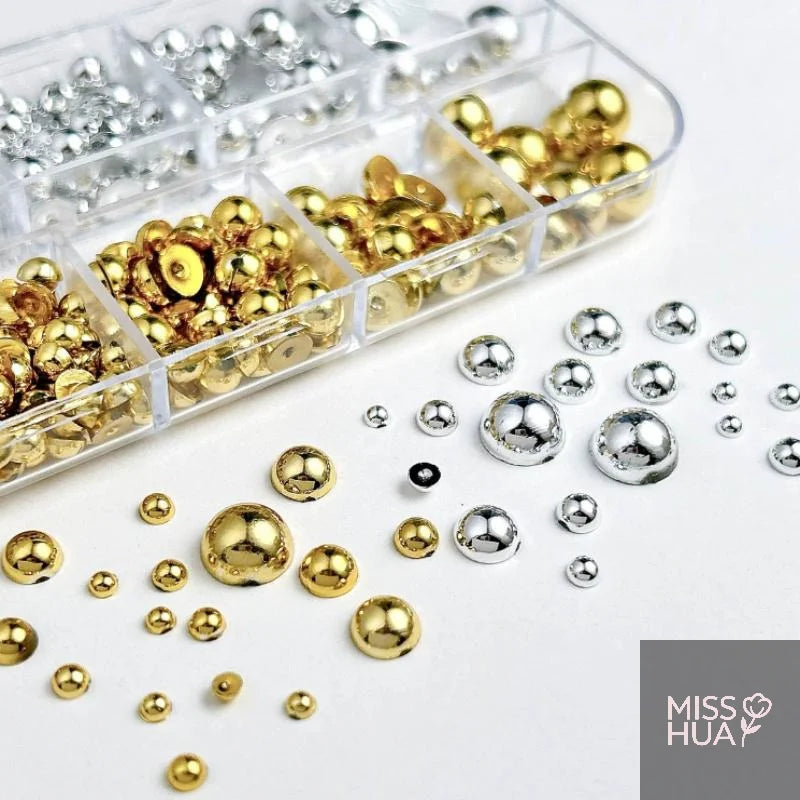 12-Grid Pearl Nail Charms Set – Gold & Silver Semi-Circular