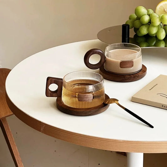 Walnut Coffee Cup Ins with Antique Style Solid Wood Handle and High Borosilicate Glass Milk Cup Peaceful Pleasures Health and Wellness
