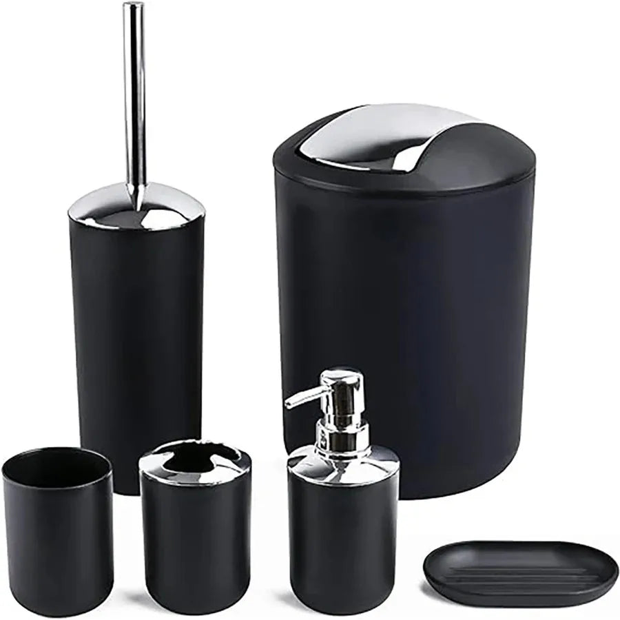 Bathroom Accessory Set,6 Piece Gift Set,Toothbrush Holder,Toothbrush Cup,Soap Dispenser,Soap Dish,Toilet Brush Holder,Trash Can Peaceful Pleasures Health and Wellness black