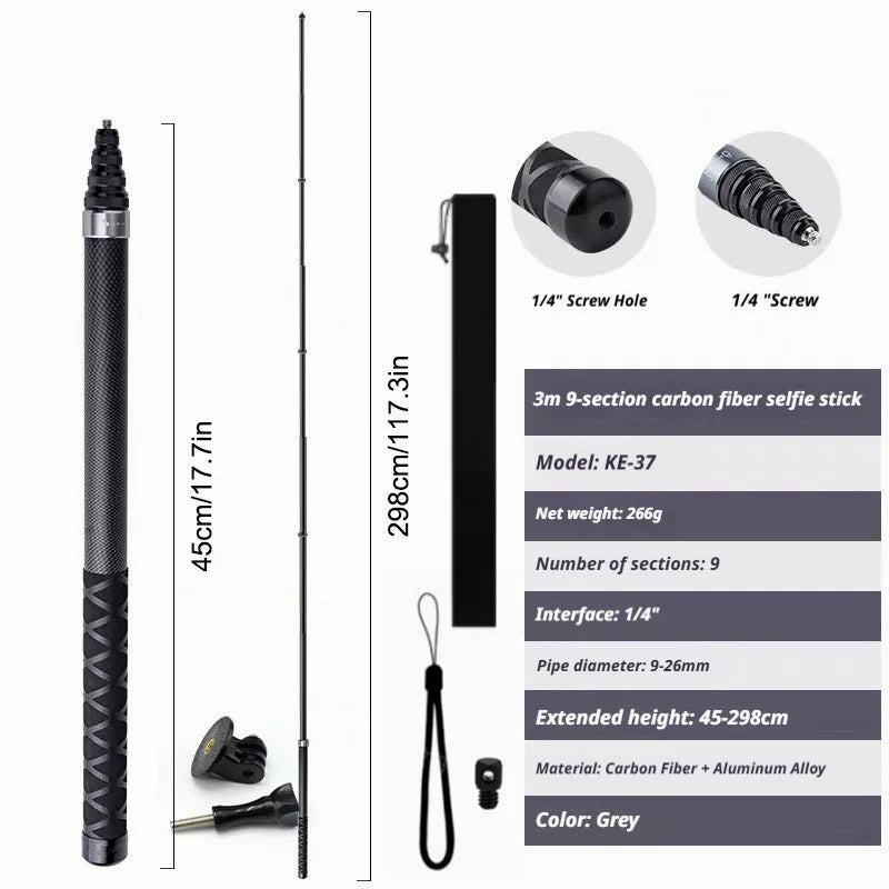 Carbon Fiber Invisible Selfie Stick | Insta360 X5 X4 GoPro DJI
