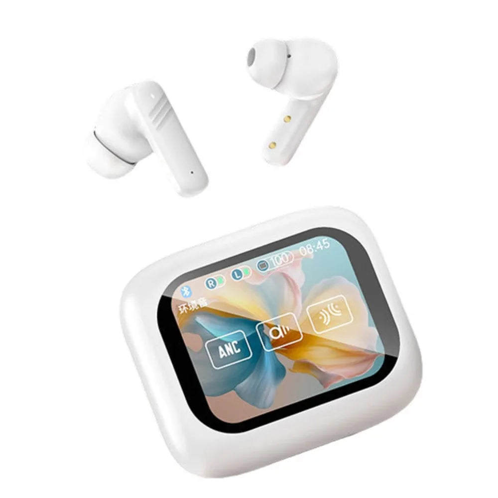 Bluetooth 5.4 Full Touch Screen Headphones Smart LCD in Ear Wireless in-Ear Earbuds Long Battery HD Call ANC Bluetooth Earphones Peaceful Pleasures Health and Wellness White