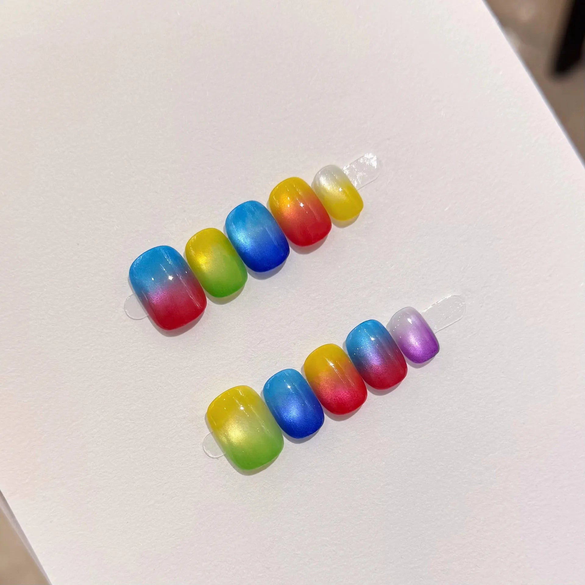 10pcs Handmade Press on Nails Rainbow Glass Beads Cat's Eye Fake Nails Wearable Detachable Cute Candy Color False Nails Short Peaceful Pleasures Health and Wellness