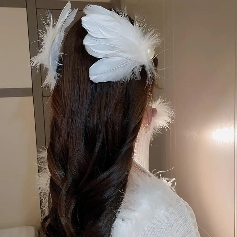 2pcs White Swan Feather Hairpin Headwear Ballet Style Stage Performance Side Clip Girl Party Faux Pearl Accessories Hair Clips Peaceful Pleasures Health and Wellness
