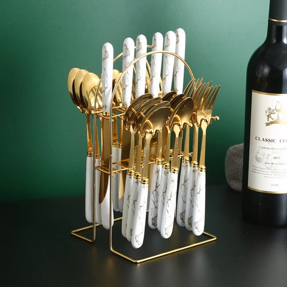 24-Piece Marbled Stainless Steel Cutlery Set with Storage Rack