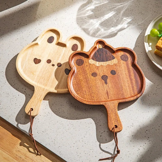 Wooden Cartoon Bear & Rabbit Children’s Serving Tray with Handle | Leaf Shape – Afternoon Tea, Fruit & Dessert Peaceful Pleasures Health and Wellness