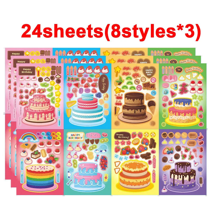 Puzzle Assemble Birthday Cake Stickers Sheets Kids Children Party