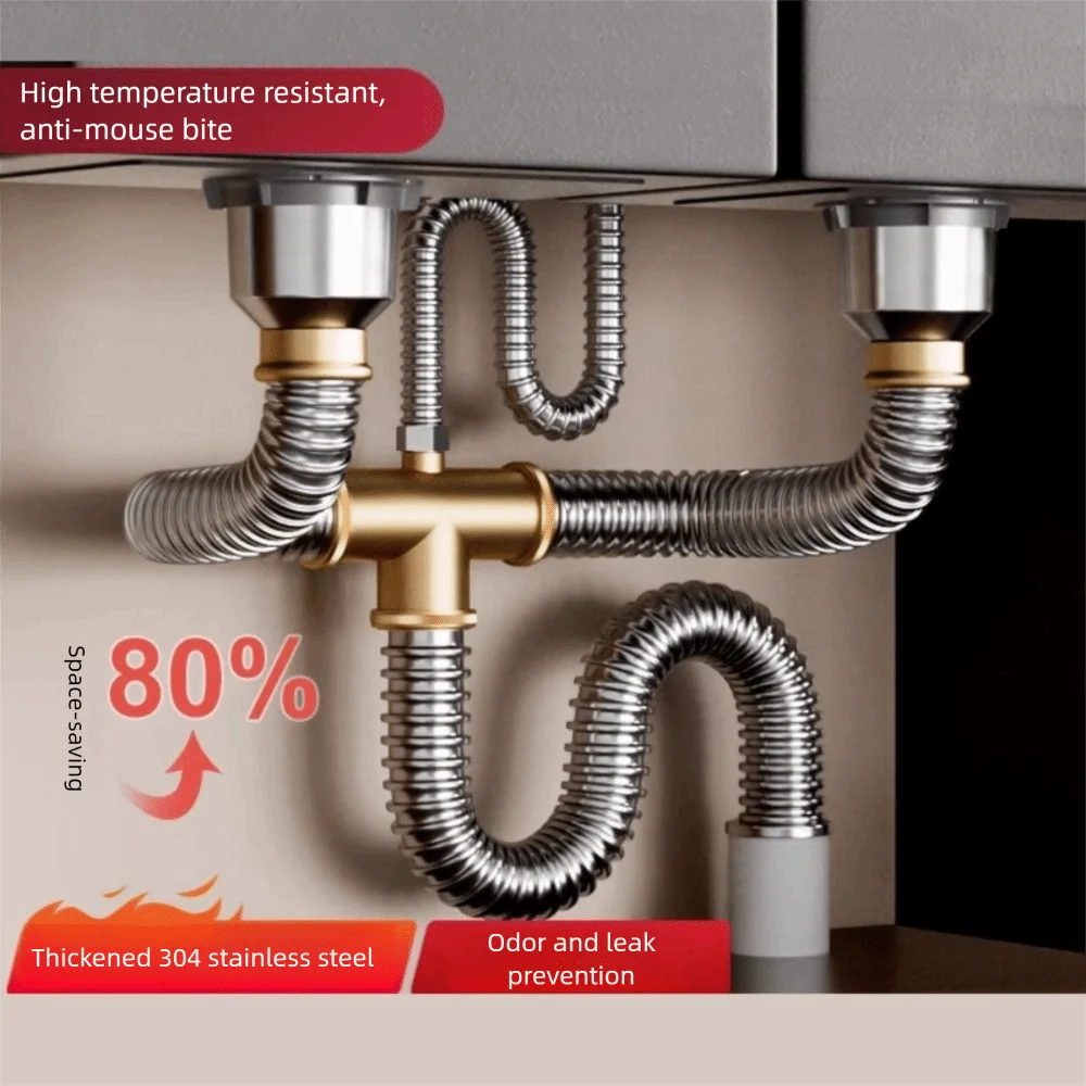 Stainless Steel Sink Drain Pipe Set Easy Install Single/Double Bowl Sewer Replacement Pipe Space Saving Anti Clogging Peaceful Pleasures Health and Wellness