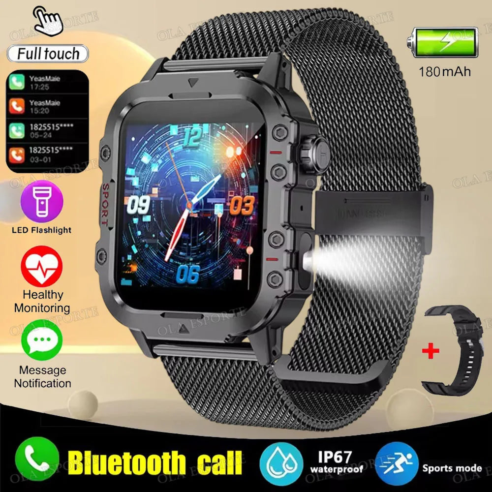 Military-Style Smart Watch | Bluetooth Call, Heart Rate, Flashlight