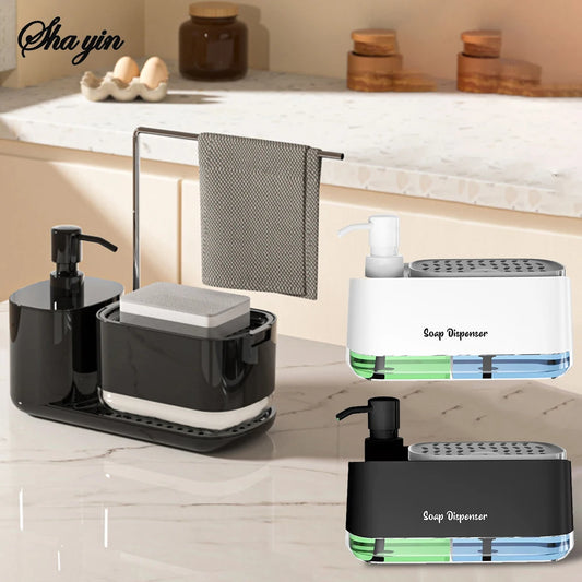 Dual Soap Dispenser with Sponge And Dishcloth Holder Kitchen Hand Dish Soap Dispenser with Tray Multi-Functional Kitchen Soap Peaceful Pleasures Health and Wellness