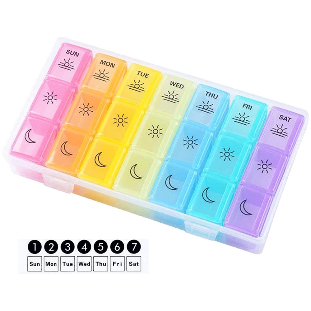 Weekly Pill Organizer,3-Times-A-Day 7 Day Pill Box -Proof Pill Case Medication Reminder Portable Travel Container for Vitamins Peaceful Pleasures Health and Wellness Picture Colour