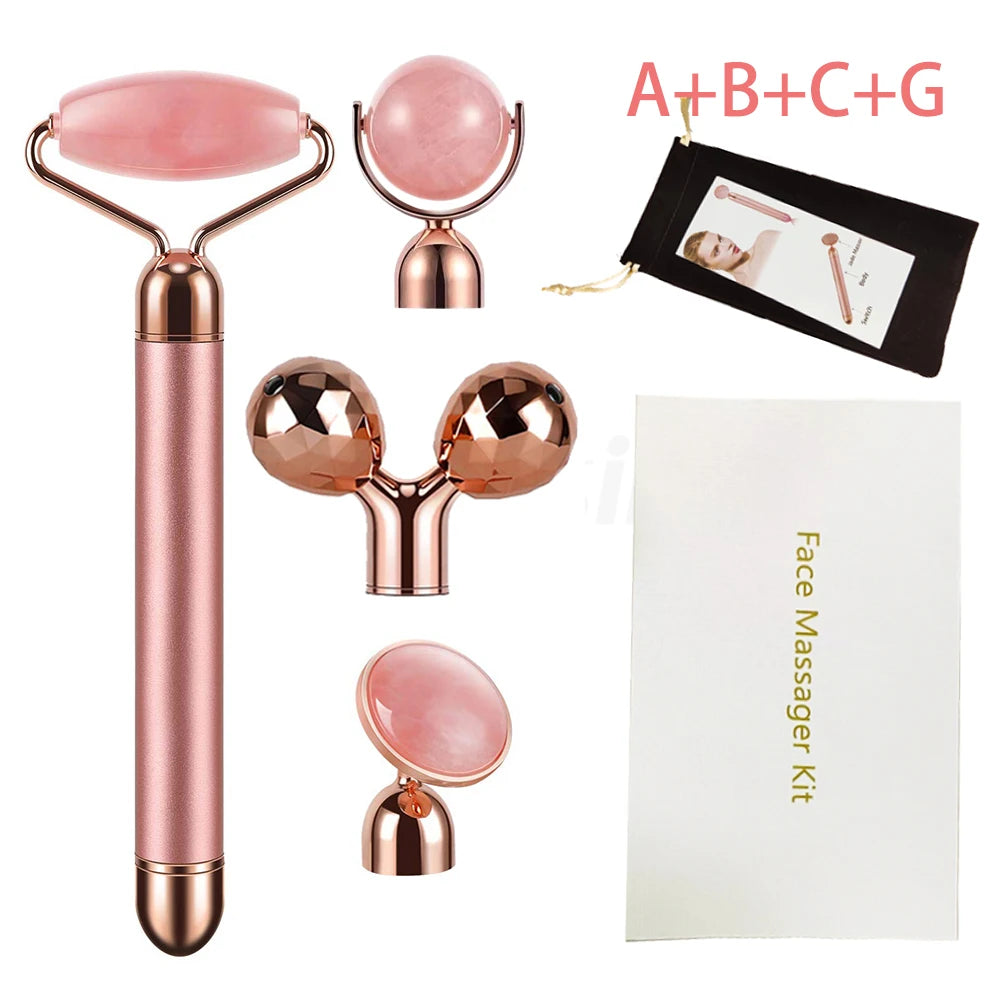 New Electric Vibrating Jade Roller Massager For Slimming Face Lifting Rose Quartz 3D Roller Stone Facial Skin Care Beauty Tool Peaceful Pleasures Health and Wellness New 4 IN 1 With Box