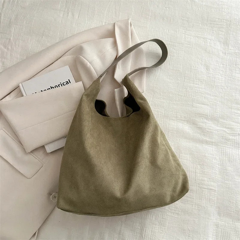 Large-capacity Retro Matte Handbag for Women New Autumn and Winter Suede Single-shoulder Bag New and High-end Commuter Tote Bag Peaceful Pleasures Health and Wellness green