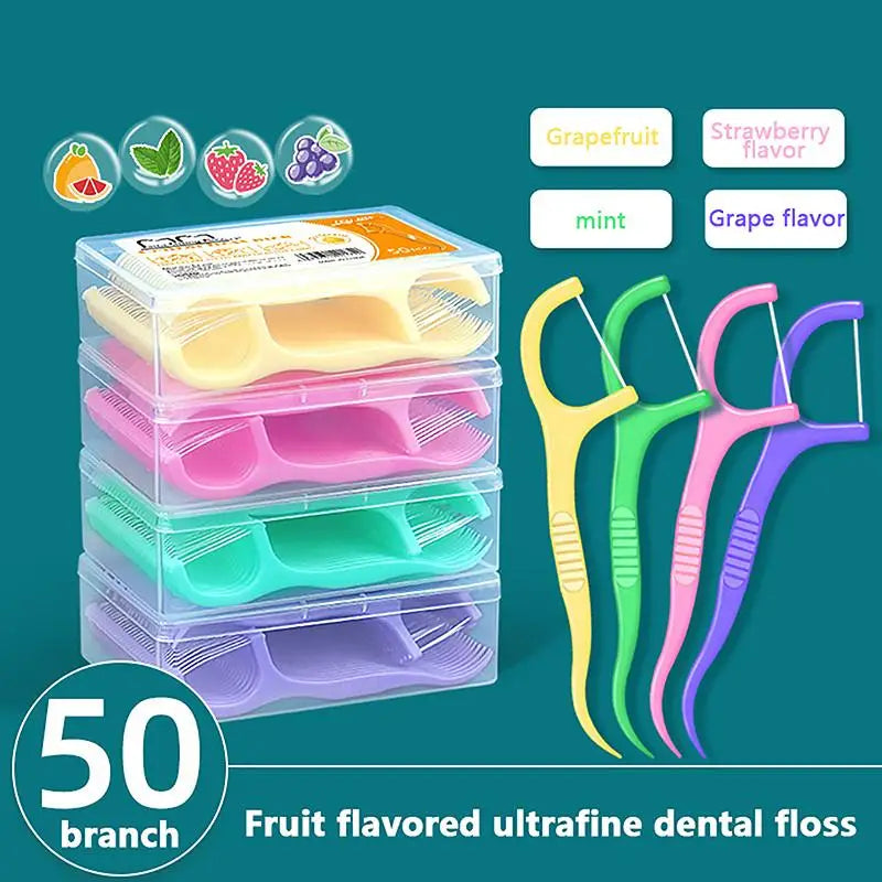 50 Sticks/Box Fruit Flavored Dental Floss Stick, With 4 Flavors To Choose From, Cleaning Tool For Gaps Between Teeth Peaceful Pleasures Health and Wellness