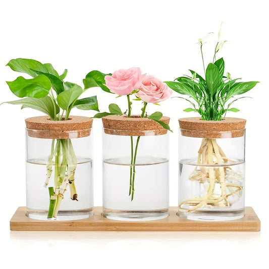 3 Pcs Acrylic Vase with Bamboo Tray – Clear Propagation Station Set for Tabletop Water Planting & Home Decor Peaceful Pleasures Health and Wellness