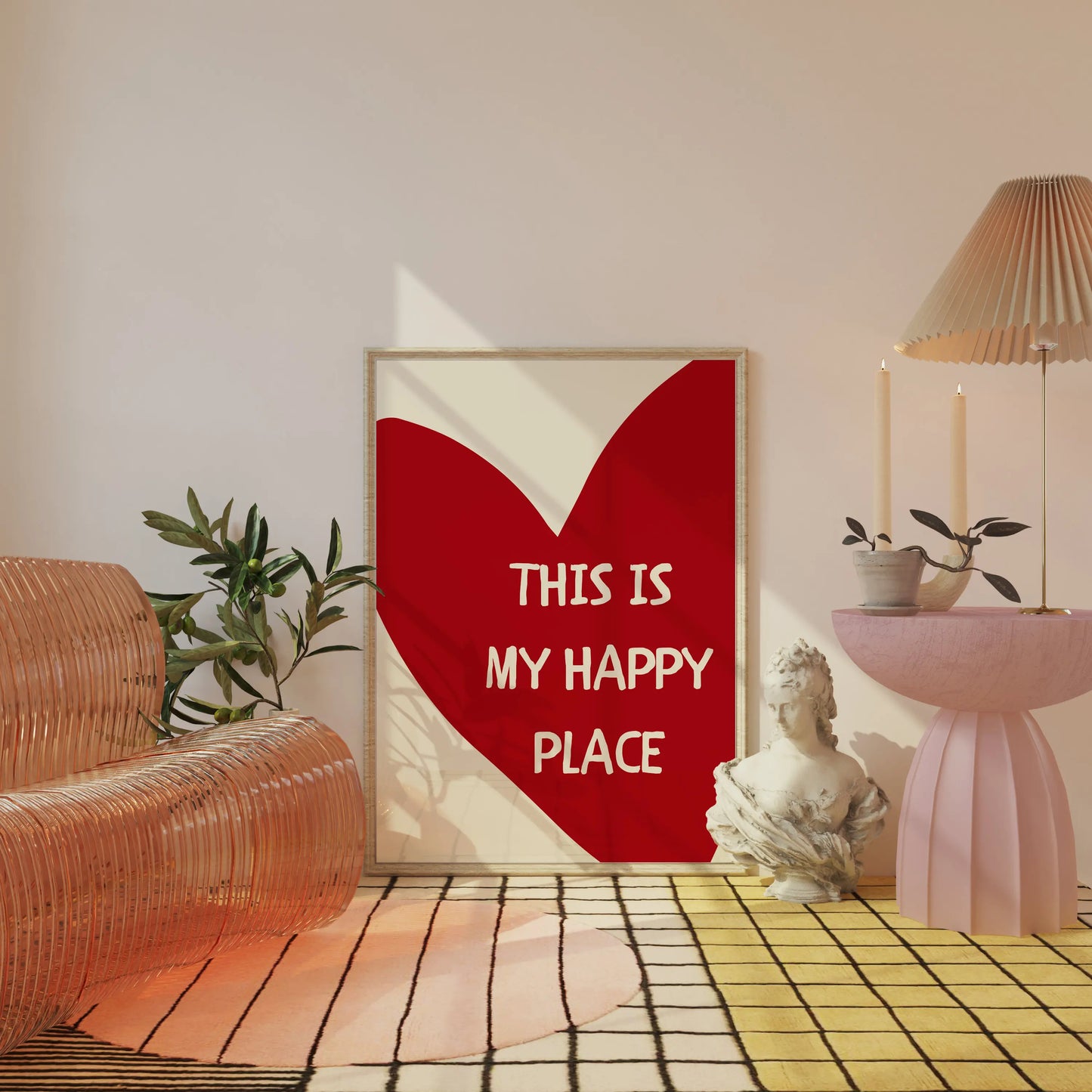 This Is My Happy Place Art Poster Red Heart Text Quotes Printed Canvas Painting Modern Minimalist Wall Art Home Bedroom Decor Peaceful Pleasures Health and Wellness
