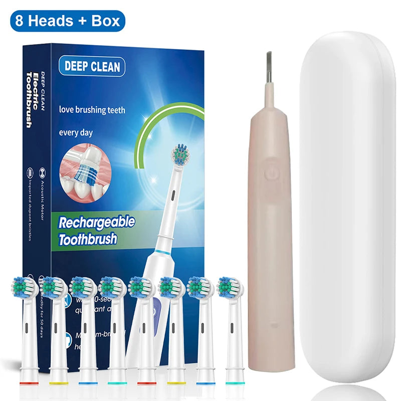 Electric Toothbrush Rotary Rechargeable Electric Toothbrush for Adults Rotating Electric Toothbrushes with 8 Soft Brush Heads Peaceful Pleasures Health and Wellness Pink 8 Heads Box