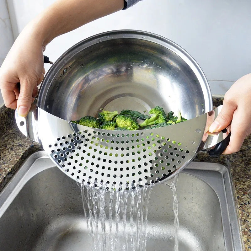Kitchen Stainless Steel Pan Pot Strainer with Handle, Pasta Drainer, Colander Water Filter, Vegetable Drainer, Slag Separator Peaceful Pleasures Health and Wellness