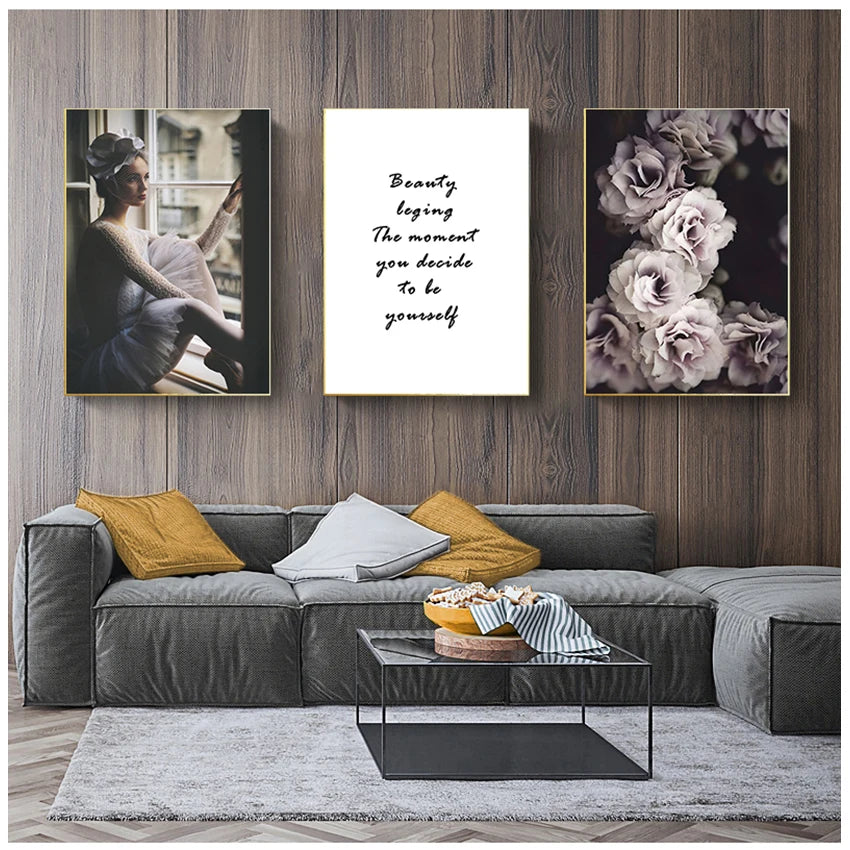 Pink Peony Floral Girl Footprints Canvas Wall Art Unframed