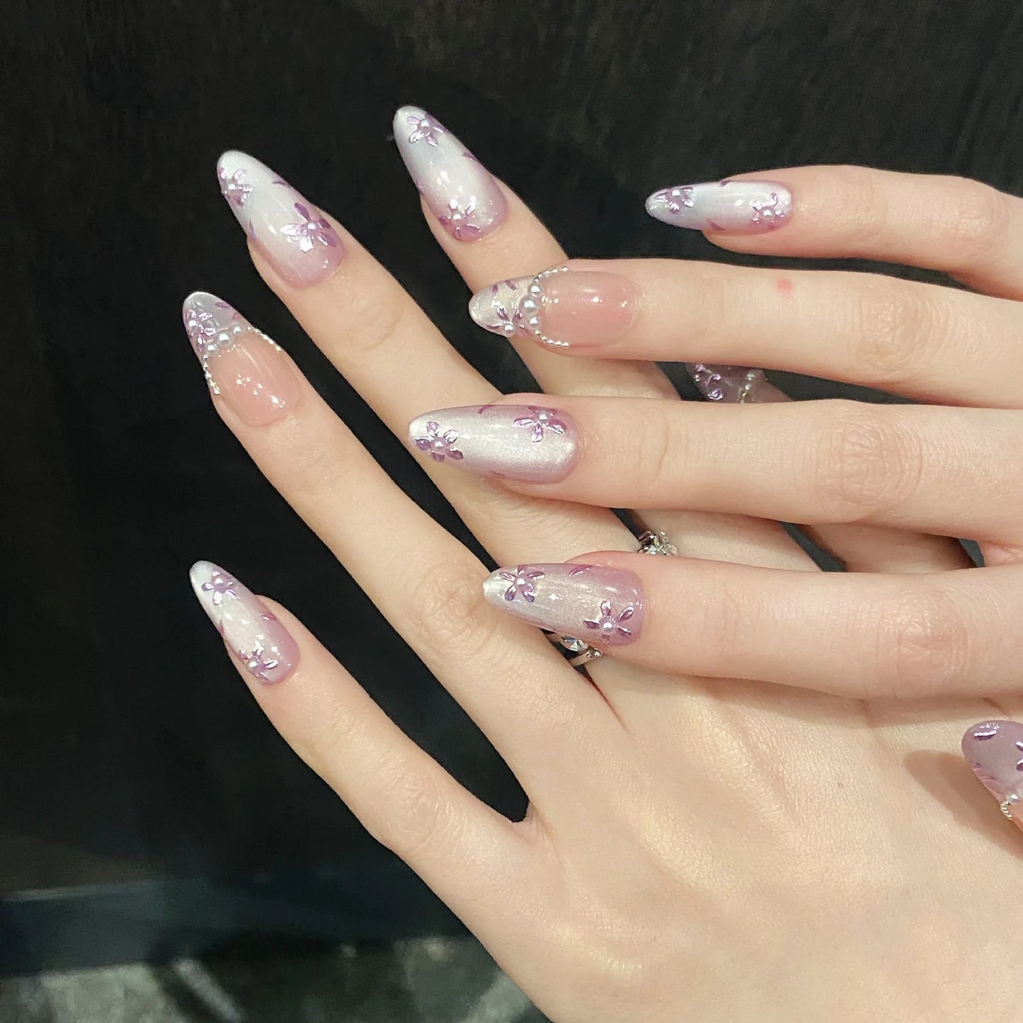 10pcs Handmade Purple Cat Eye Press on Nails Summer Flowers Pearl Design Fake Nails Wearable Detachable Glitter False Nail Tips Peaceful Pleasures Health and Wellness L