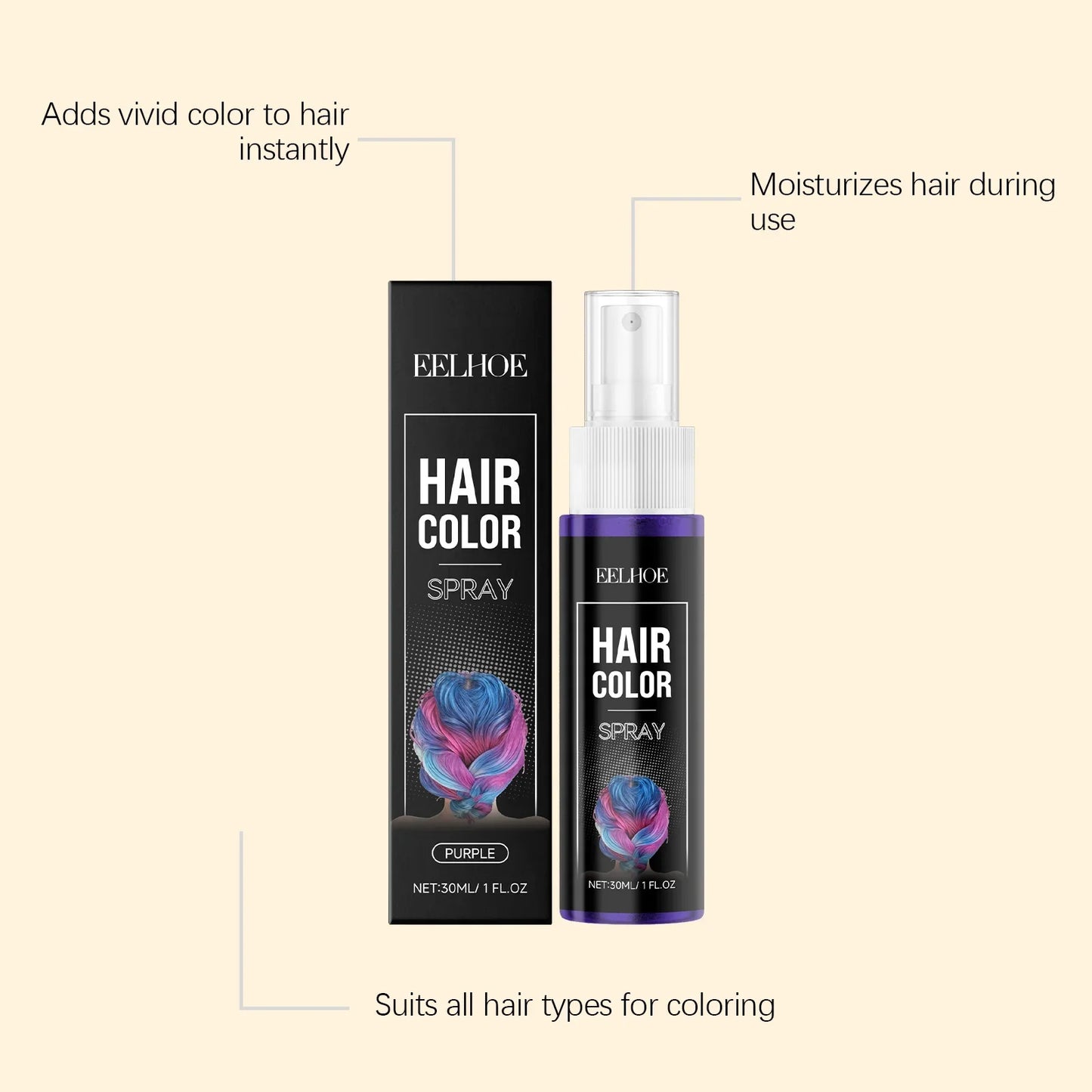 Purple Temporary Hair Color Spray – Washable & No Damage 30ml