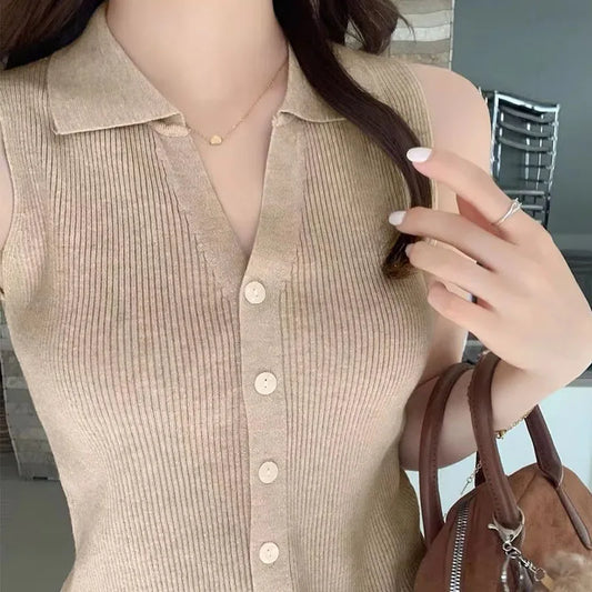 Women's Polo Collar Knit Vest – Slim Fit Sleeveless Camisole