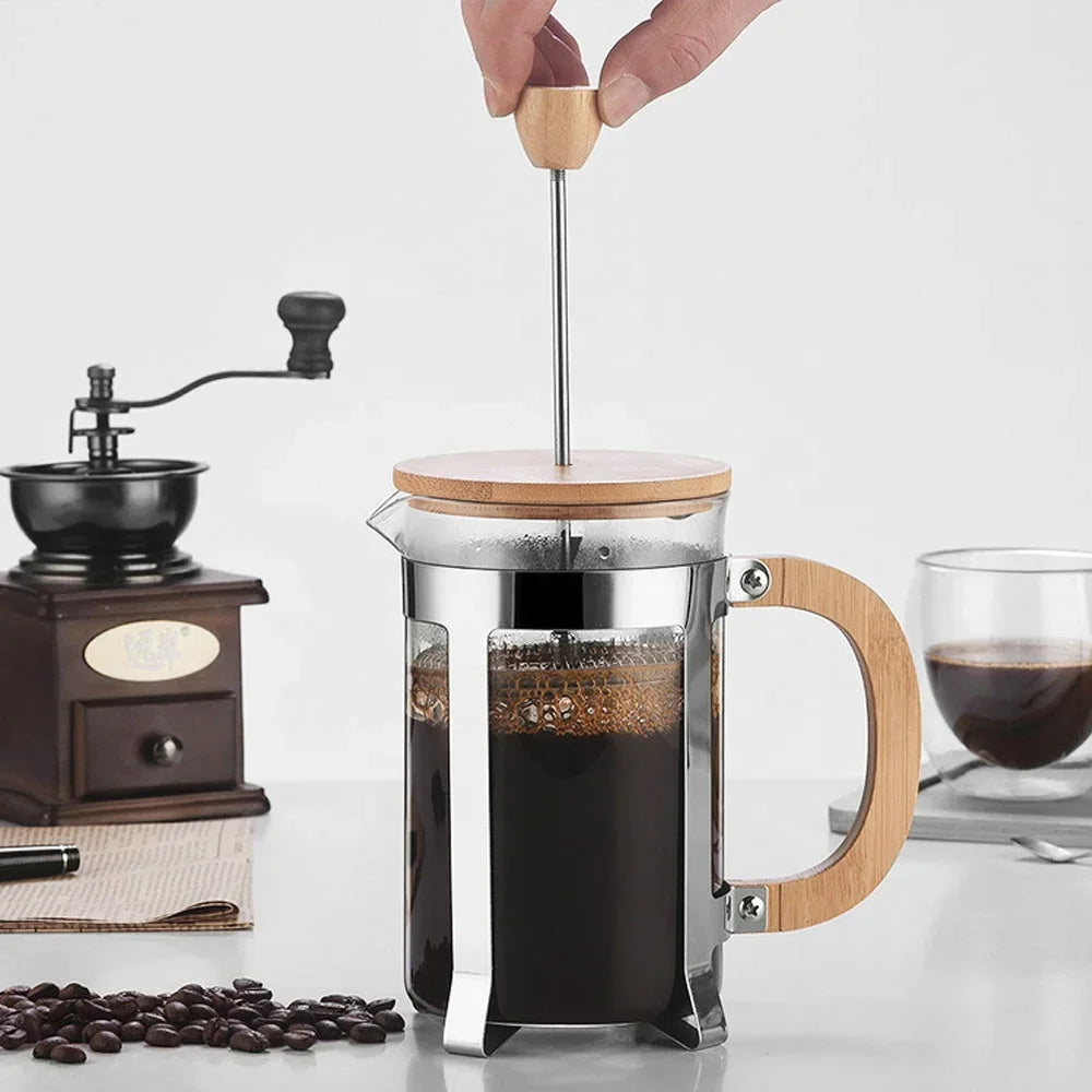 350/600ml Stainless Steel Pressing pots Food Grade Press type Wooden handle Maker French Transparent Press for Coffee and Tea Peaceful Pleasures Health and Wellness