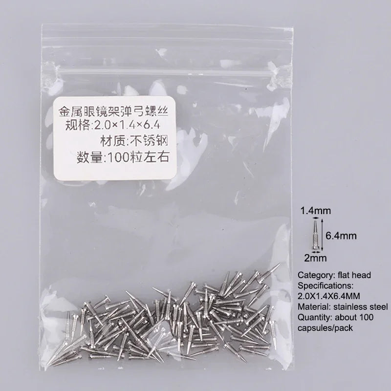 100-Piece Eyeglass Spring Hinge Screws – Self-Aligning Repair Kit
