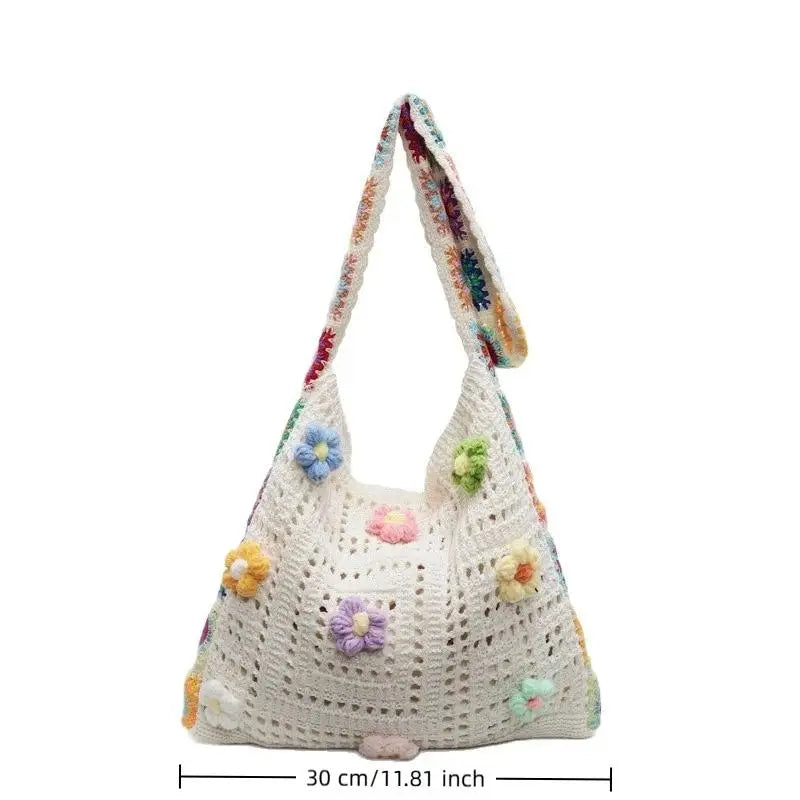 Women's Crochet Flower Knitted Tote Bag | Large Beach Shoulder Bag