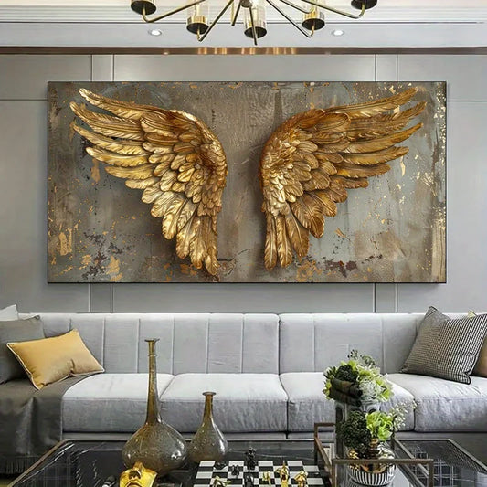 Modern Decor Large Frameless Canvas Art Golden Angel Wings Distressed Texture Elegant Wall Decor for Living Room and Bedroom Peaceful Pleasures Health and Wellness ZLH4274 60x180cm No Frame