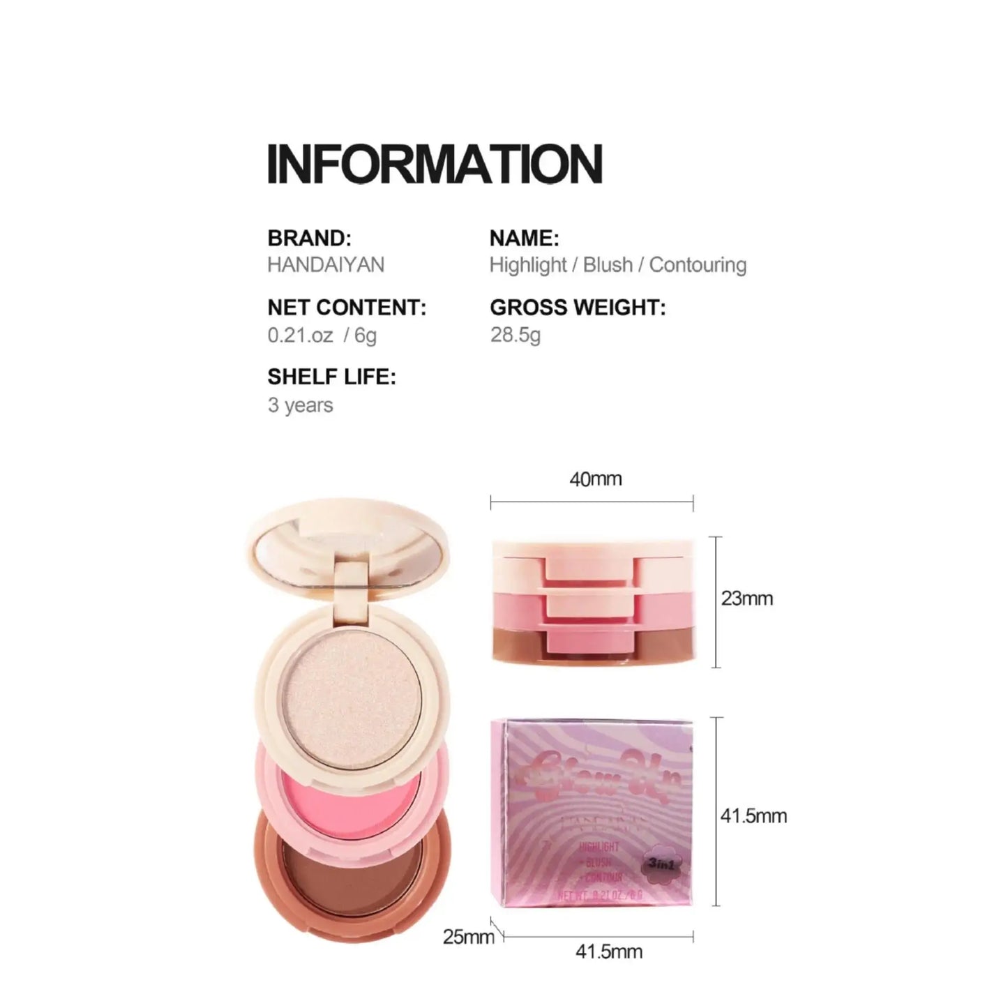 Handaiyan 3-in-1 Highlighter Blush & Contour Palette