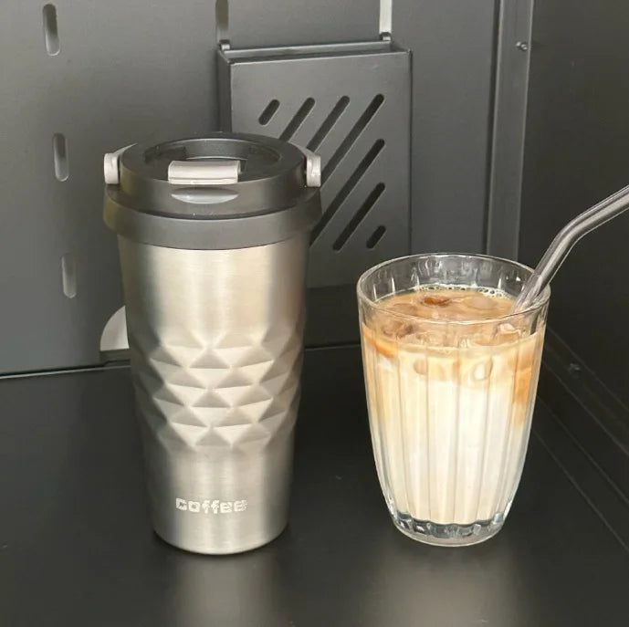 Diamond-Shaped Insulated Thermos Cup 500ml | Stainless Steel Insulated Thermos Cup Peaceful Pleasures Health and Wellness Silver 500ml