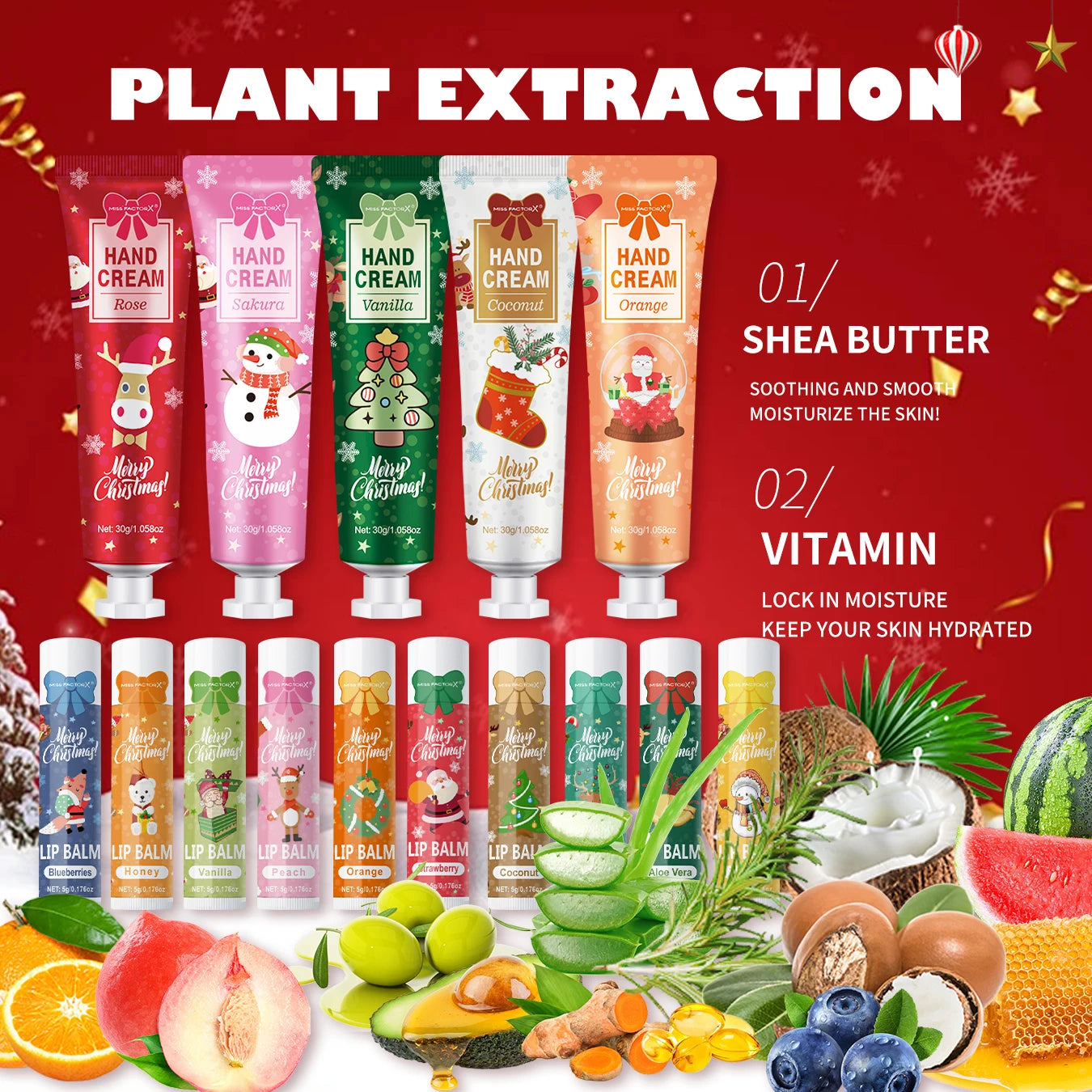 Christmas gift set distribution 120PCS/box in bulk, lip balm in bulk, hand cream in bulk, Christmas cards, gift gauze bags Peaceful Pleasures Health and Wellness