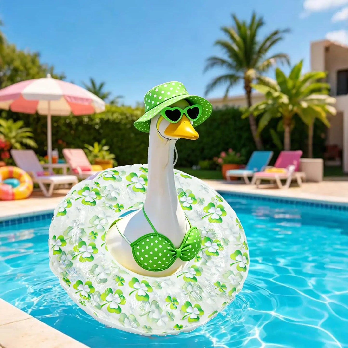 Porch Goose Clothes Hawaiian Summer With Hat And Sunglasses Porch Goose Clothing For Garden Parties Festivals Events Garden Peaceful Pleasures Health and Wellness