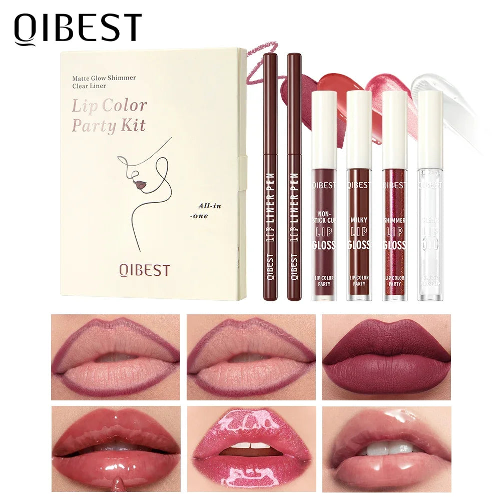 QIBEST 6 PCS Lip Color Makeup Sets Include 2*Lipliner,1 Matte Liquid Lipstick,2 Mirror Lip Glaze And 1 Transparent Lip Oil Balm Peaceful Pleasures Health and Wellness 05