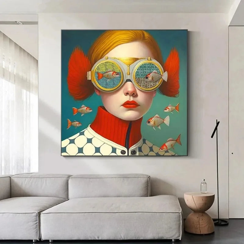 Surrealism Woman Portrait Canvas Painting Wall Art Wonderful Fantasy Fish and Girl Poster Prints for Living Room Home Decor Peaceful Pleasures Health and Wellness