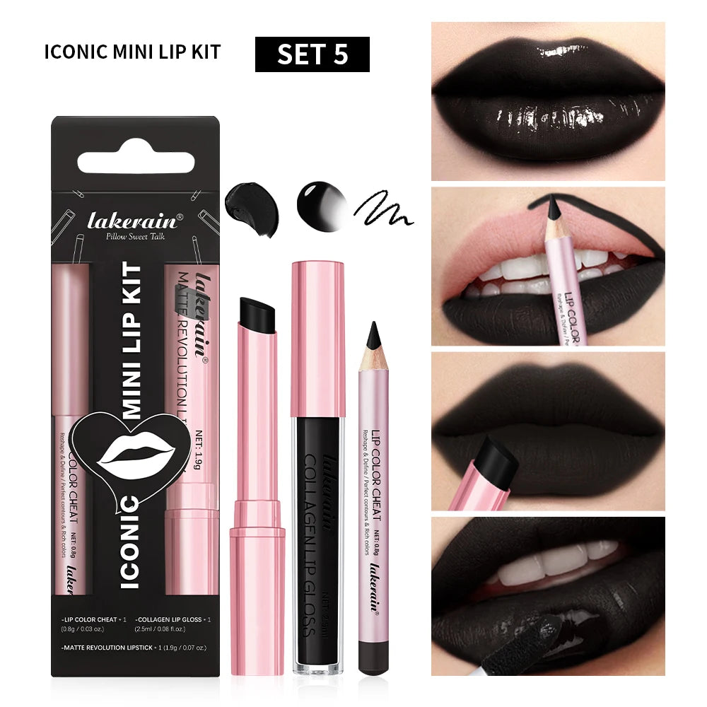 3 in 1 Lipstick Lip Liner Lip Gloss Set Easy Coloring Moisturizing Lip Sticks Suitable for All Occasions Lip Makeup Cosmetic Gif Peaceful Pleasures Health and Wellness set 5 black