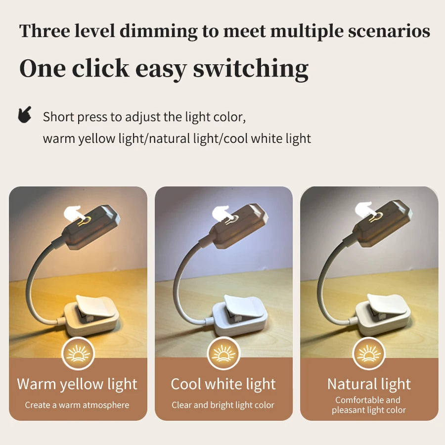 Rechargeable Mini LED Book Light with Clip Eye Protection 3colors Flexible Reading Lamp Desk Bedside Portable Night Study Light Peaceful Pleasures Health and Wellness