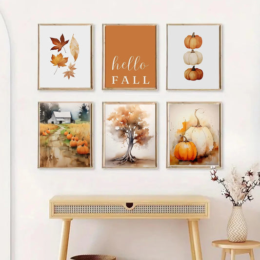(1pc frameless)Cute Pumpkins Autumn Leaves Watercolor Canvas Prints Hello Autumn Wall Art Posters for Modern Living Room Hall Peaceful Pleasures Health and Wellness